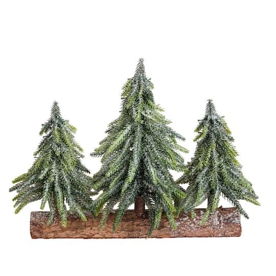 Nearly Natural 11" Unlit Artificial Snowed Downswept Christmas Tree Trio in Rustic Wooden Log Base